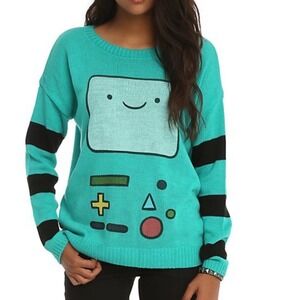 Adventure Time BMO Teal Striped Knit Sweater Small Cartoon Network Pullover